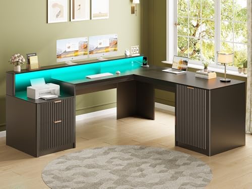 SEDETA 66" Modern L Shaped Desk with Drawers, Fluted Home Office Desk with File Cabinet & Printer Shelf, Wood Executive Desk with Monitor Stand, Power Outlets, Led Lights, Black by SEDETA
