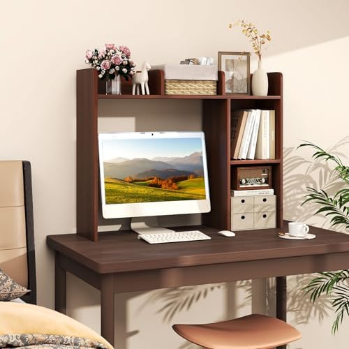 Desktop Bookshelf, 3-Tier Wood Countertop Bookcase with 5 Shelves, Desk Hutch for College Dorm, Multipurpose Desk Organizer Shelf Display Rack for Home Office, Hutch Top Only - Image 2