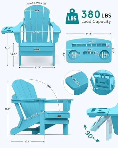 SERWALL Folding Adirondack Chair, 4 in 1 Cup Holder Wood Texture-Light Blue - Image 2