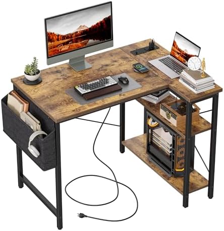 TIQLAB Small Computer Desk with Power Outlets, 40 Inch L Shaped Desk with Reversible Shelves, Gaming Desk Corner Desk Study Writing Desk for Home Office Bedroom Small Space, Rustic Brown by TIQLAB