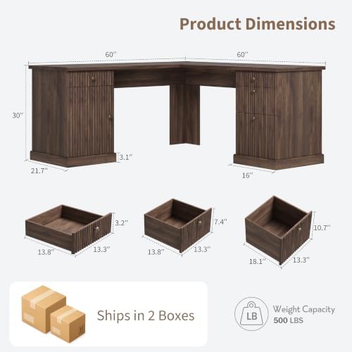 Garvee 60" Fluted L Shaped Desk with File Drawer, Corner Desk with Storage - Image 2