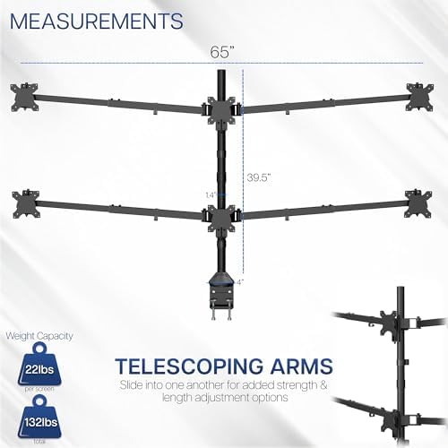 VIVO Premium Hex Ultra Wide LCD LED 27 to 38 inch Monitor Desk Mount, Heavy Duty C-clamp, Extra Tall Pole, Adjustable Telescoping Arms, Flush Wall Setup, Fits 6 Screens, Black, STAND-TS06C - Image 5