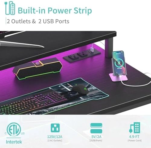 Lufeiya Small Desk with Power Outlets and LED Lights, 32 Inch Teen Writing Study Table Home Office Computer Desks with Monitor Stand, Gaming Desk with Charging Station, Black - Image 6