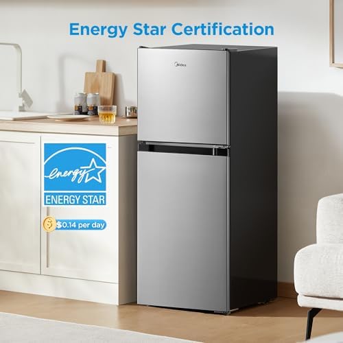 Midea MERM45S3AST 4.5 Cu.ft Mini Fridge with Freezer, with Internal Light, Adjustable Thermostat, Reversible Door, for Dorm, Office, Bedroom, Stainless Steel - Image 5