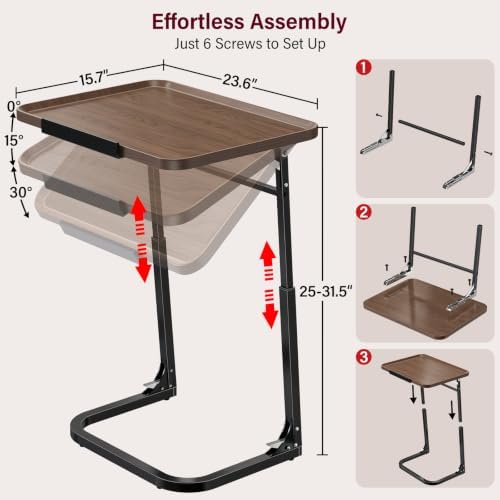 Heavy Duty C-Shaped End Table, Raised Edge Snack Table, Height & Tilt Adjustable TV Tray Table, Easy to Install, TV Dinner Tray Table for Couch, Bed, Work & Eating, Foldable & Easy Storage - Image 2