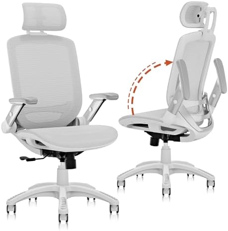 GABRYLLY Ergonomic Office Chair, High Back Home Desk Chair with 2D Flip-Up Arms, 3D Headrest, 90-120° Tilt and Wide Cushion, Big and Tall Mesh Chairs for Man Woman, Computer Task Chair Light Grey by GABRYLLY