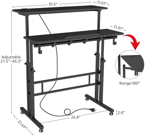 SIDUCAL Portable Standing Desk Adjustable Height, Rolling Computer Desk on Wheels, Mobile Home Office Workstation with USB Ports and Outlets, Laptop Cart for Standing or Sitting, 31.5" x 23.6" Black - Image 2