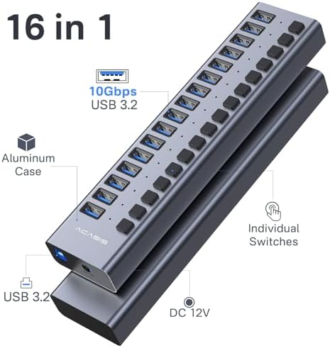 ACASIS Powered 16 Ports USB 3.2 Hub, 10Gbps Data Transfer, 96W Adapter - Image 2