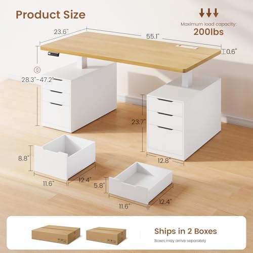 SEDETA 55" Electric Standing Desk with 6 Drawers, Adjustable Stand up Desk with Storage, Computer Desks with Power Outlets for Home Office, White + Oak - Image 2