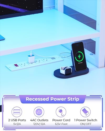 SEDETA Gaming Desk 75'' with LED Lights, Hutch and Storage Shelves, White - Image 6