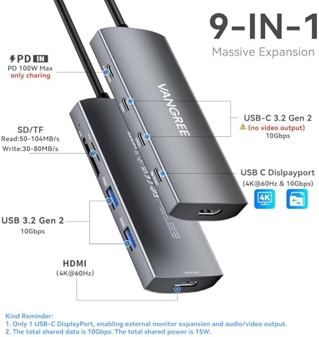 VANGREE 9-in-1 USB C Hub 10Gbps with 4K@60Hz USB-C Display Output, 100W PD - Image 2