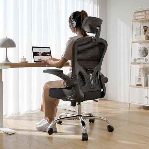 Office Chair Ergonomic Desk Chair, 330LBS Capacity, High Back Computer Chair for Long Hours Comfortable, Rolling Swivel Executive Task Chair for Home Office with Flip-up Armrests, Black Black-Chrome by Synorla