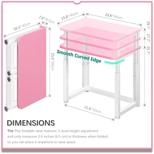 4NM No Tool Assembly 23.6" Small Desk, Folding Portable Desk with Wheels, Adjustable Height Foldable Computer Home Office Desks, Collapsible Study Writing Table for Space Saving Bedroom - Pink White - Image 2