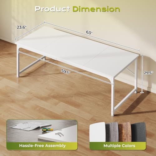 PRAISUN 63 Inch Computer Desk, Office Desk, Spacious Desktop, White - Image 3