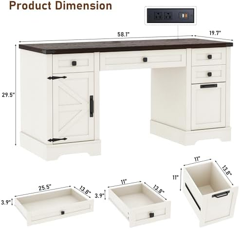 Squireewo 58'' Farmhouse Home Office Desk with Drawers, Wooden Executive Desk with Charging Station, File Drawers and Storage Cabinet, Computer Desk for Work, Study and Writing, Rustic White - Image 2