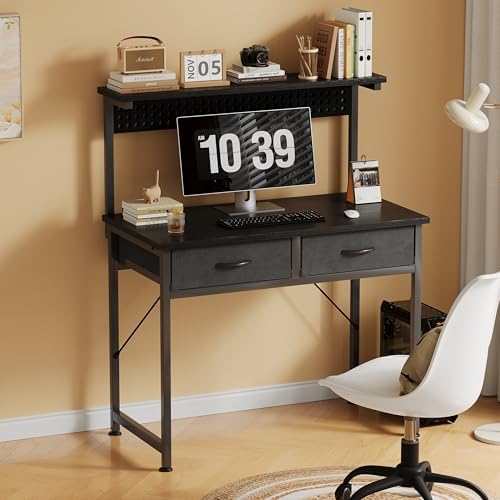 MUTUN Small Desk with Drawers, 31 Inch Computer Desk with Power Outlet & LED Light, Gaming Desk with Adjustable Monitor Stand & Pegboard, Modern PC Study Writing Table for Bedroom, Black - Image 2