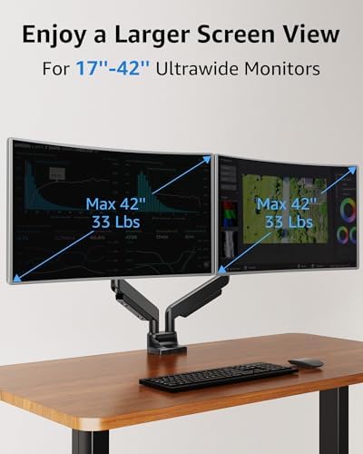 MOUNTUP Dual Monitor Mount fits 42 40 39 37 34 32 27 inch Ultrawide Screen, Holds 6.6-33lbs, Dual Monitor Arm Desk Mount, Heavy Duty Monitor Stand for 2 Monitors, with Clamp/Grommet Base - Image 2