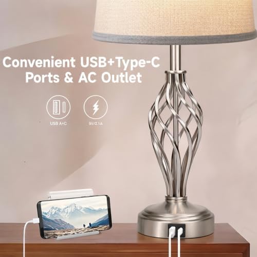 Ruiever Touch Table Lamps Set of 2, nightstand lamp with USB Ports Bedside 3 Way Touch dimmer Desk lamp for Living Room Bedroom,Nickel Spiral Cage Grey Shade, Warm White dimmer Bulbs Included. - Image 4