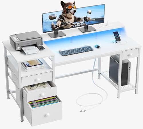 Furologee 60" White Computer Desk with 4 Drawers, Power Outlet, LED Lights by Furologee