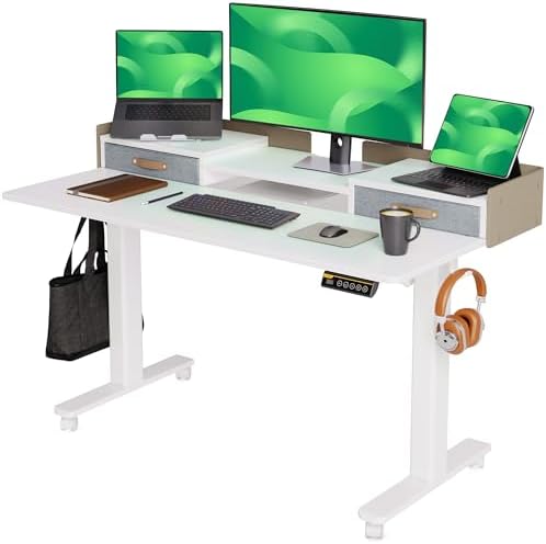 Claiks Standing Desk with Drawers & Wheels, 2 Height Shelf 55inch White by CLAIKS
