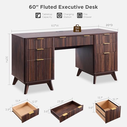 T4TREAM 60" Modern Fluted Executive Desk with Drawers, Dark Walnut - Image 2