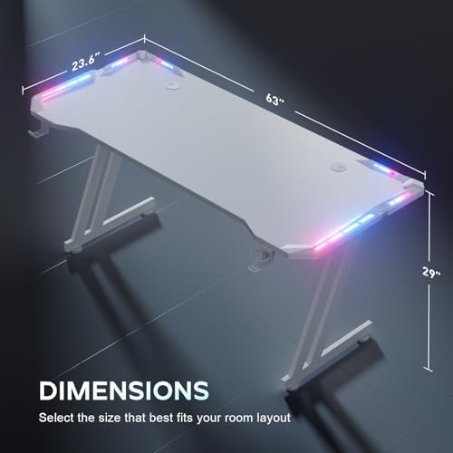 HLDIRECT 63 Inch Gaming Desk with App-Controlled RGB LED Lights, White - Image 3