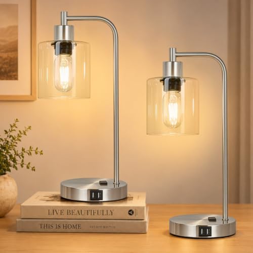 Industrial Touch Control Table Lamps Set of 2 - Brushed Nickel Nightstand Bedside Lamps with 2 USB Ports & AC Outlet, 3-Way Dimmable Desk Lamp for Bedroom Living Room, Glass Shade & LED Bulbs Included by Nintiue