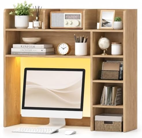 GLACER Desktop Bookshelf with LED Lights, Desk Hutch for Max 25" Monitor by GLACERGrowupinhappiness