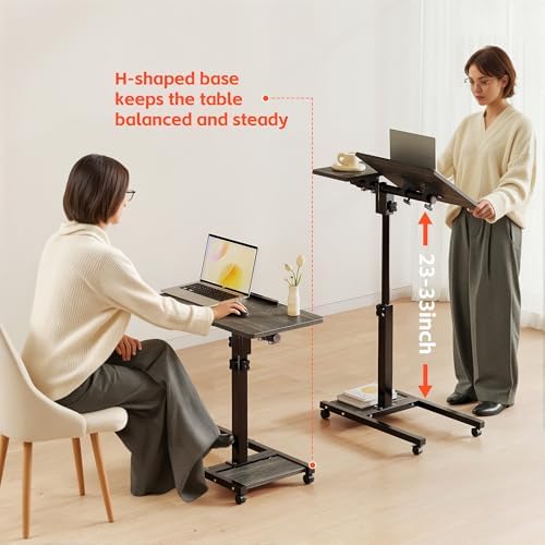 Furist Overbed Table with Wheels Adjustable Height, Mobile Standing Stand Up Rolling Laptop PC Desks with Tilting Top Height Tray Side Computer Workstation for Bedroom on Hospital Home Use, Black - Image 4