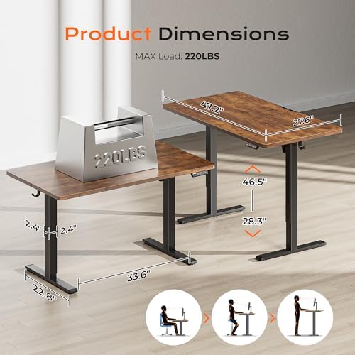 Huuger 48 x 28 Large Electric Standing Desk, Height Adjustable Desk, 27.6" Deep Desktop, Stand up Gaming, 2 Hooks, 3 Preset Heights, for Home Office, Rustic Brown - Image 2