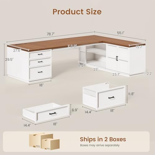 SEDETA 78.7" L Shaped Executive Desk with Charging Station, Large Home Office Computer Desk with File Drawers & Adjustable Storage Cabinet, CPU Stand, Modern L Desk for Business, White + Brown - Image 2