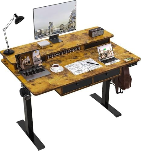 48 * 30 Inches Electric Standing Widened Desk Adjustable Height with 4 Drawers, Double Storage Shelves Stand Up Desk, Home Office Workstation Sit Stand up Desk (Rustic Brown) by ExaDesk
