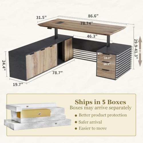 SAINTCY L Shaped Executive Standing Desk with Drawers, 86.61In Large Modern Adjustable Heigh Home Office Desk w/Universal Charging Ports, Business Workstation, 2.56" Thick Floating Desktop - Image 2