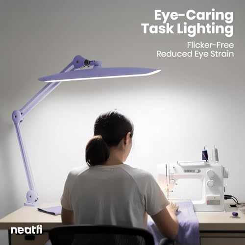 Neatfi XL 2200 Lumens 24W LED Desk Lamp – Shadow-Free Task Lighting | 4-Level Dimming | Home Office & Crafts Use | 20-Inch Wide Head (Lavender, Non-CCT with Clamp) - Image 3