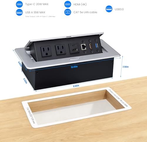 Conference Table Power Hub, Pop up Outlet with HDMI, PD20W, Silver - Image 3