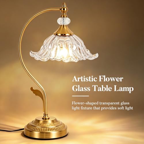 Vintage Floral Table Lamp, Plug in Mid-Century Modern Desk Lamp with Transparent Glass Shade, Gold Bedside Table Lamp Dimmable for Bedroom Living Room Home Office, E26 Base, UL Listed - Image 6