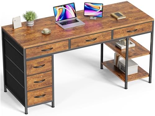 Huuger Computer Desk with 6 Drawers, Office Desk with Shelves, Reversible Gaming Desk, Corner Desk with Storage, Work for Home Office, Study, Living Room, 54inch, Rustic Brown by Huuger