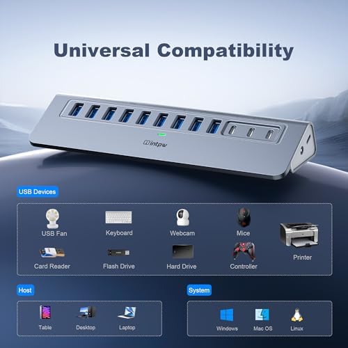 Powered USB Hub 10Gbps, intpw YH9AC 12-Port USB Splitter with USB A/USB C 3.2, 7 USB 3.0, 2 PD 45W Charging Ports, 65W Power Adapter + 3.3FT Cable, Aluminum USB Extender Hub for Laptop/PC/iPhone 16/15 - Image 6
