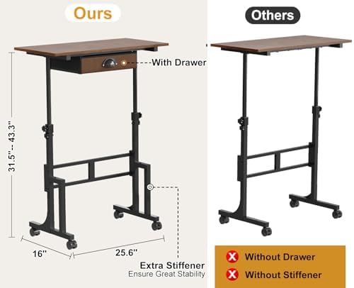 Adjustable Height Standing Desk With Drawer, Rolling Sit Stand Up Desk With Wheels, Small Sit To Stand Computer Desk, Adjustable Desktop Height, On Wheels, Brown, For Walking Pad Laptop Treadmill - Image 2