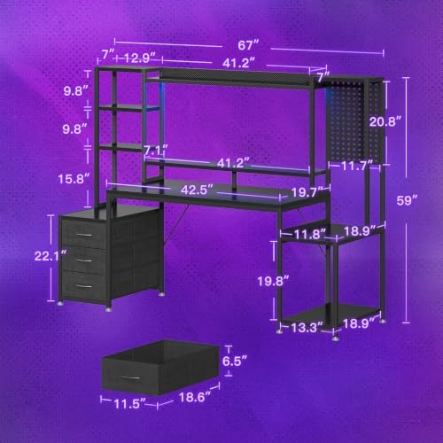 AODK 67 Inch Gaming Desk with Storage Shelves, 3 Drawers, LED Lights, Hutch - Image 3