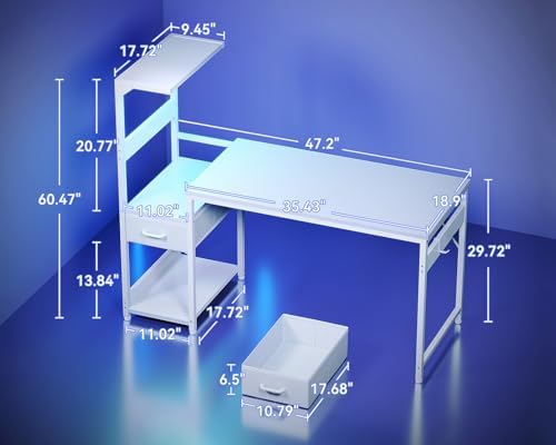 Casaottima 48'' Gaming Desk with LED Lights & CPU Stand, White - Image 3