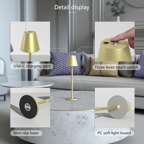 Timjorman 1-Pack Cordless Table Lamps - 5000mAh Rechargeable Battery Operated Desk Lamp, 3-Level Dimmable LED Night Light for Bedroom, Dining, Restaurant - Metal Design (Champagne Gold-1Pack) - Image 6
