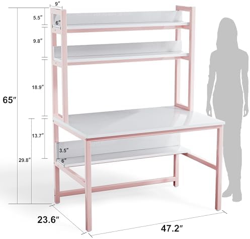 Aquzee Pink Desk with Shelves, Computer Desk with Hutch, 47 Inch - Image 3