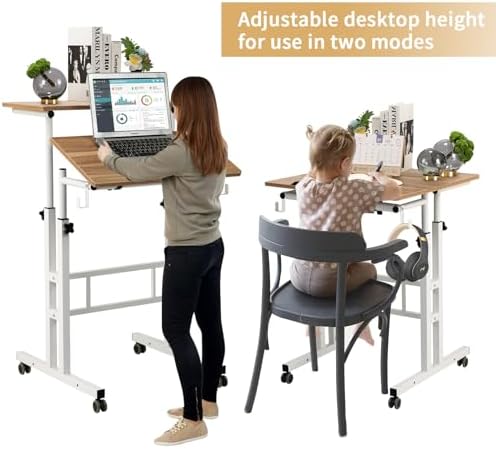 SIDUCAL Small Standing Desk, Portable Stand Up Desk, Height Adjustable Mobile Standing Table Converter with Wheels Computer Workstations, Rolling Laptop Cart for Stand or Sit, Vintage Oak - Image 4