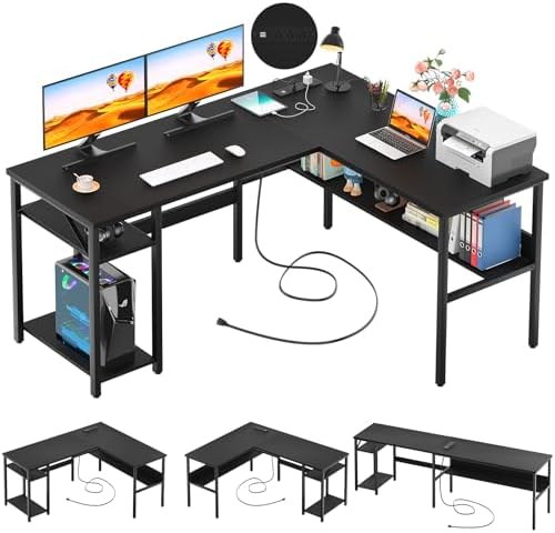 Unikito Reversible L Shaped Desk with Magic Power Outlets and USB Charging Ports, Sturdy Corner Computer Desk with Storage Shelves, Gaming Table Home Office Desk, Easy to Assemble, Black by Unikito