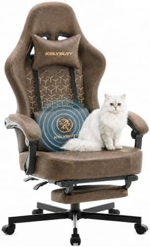 Desk Computer Gaming Chair - Ergonomic Game Office Chair with Extended Footrest and Massage Lumbar Support, Home Gamer Video Game Chairs with Spring Cushion for Adults (Pro Brown Leather) by KslysutyFurniture