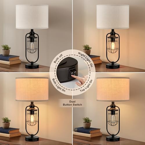 24" Farmhouse Black Table Lamps Set of 2 for Living Room, USB A+C - Image 2