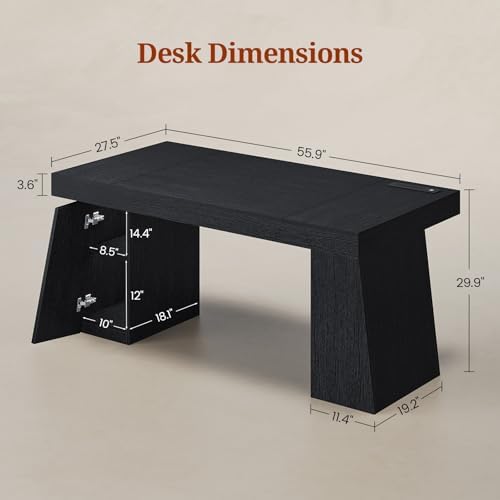 UPOSOJA 55.9 in Executive Desk with Power Outlets, Modern Home Office Desk with Storage Cabinet, Wood Computer Desk Business Workstation Desk Conference Table, Black (Storage Cabinet) - Image 2