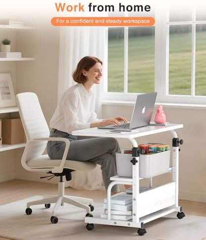 QZMDSM Portable Desk with Wheels Small Standing Desk on Wheels Adjustable Height Rolling Desks for Small Spaces, 32" Computer Desks with Storage Shelves for Home Office Study White - Image 2