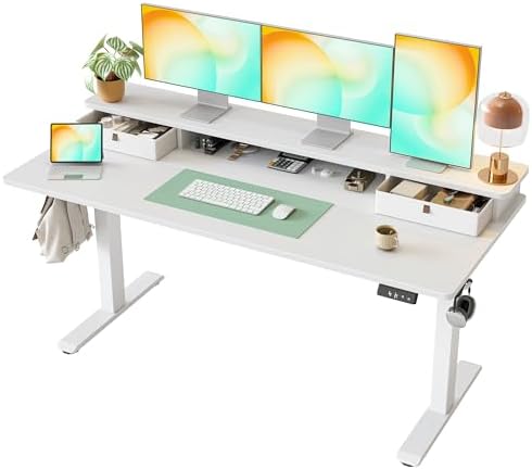 TIQLAB Standing Desk with Two Drawers, Stand Up Standing Desk Adjustable Height, Electric Sit Stand Table with Storage Shelf and Splice Board, 63 * 24 inch, White by TIQLAB